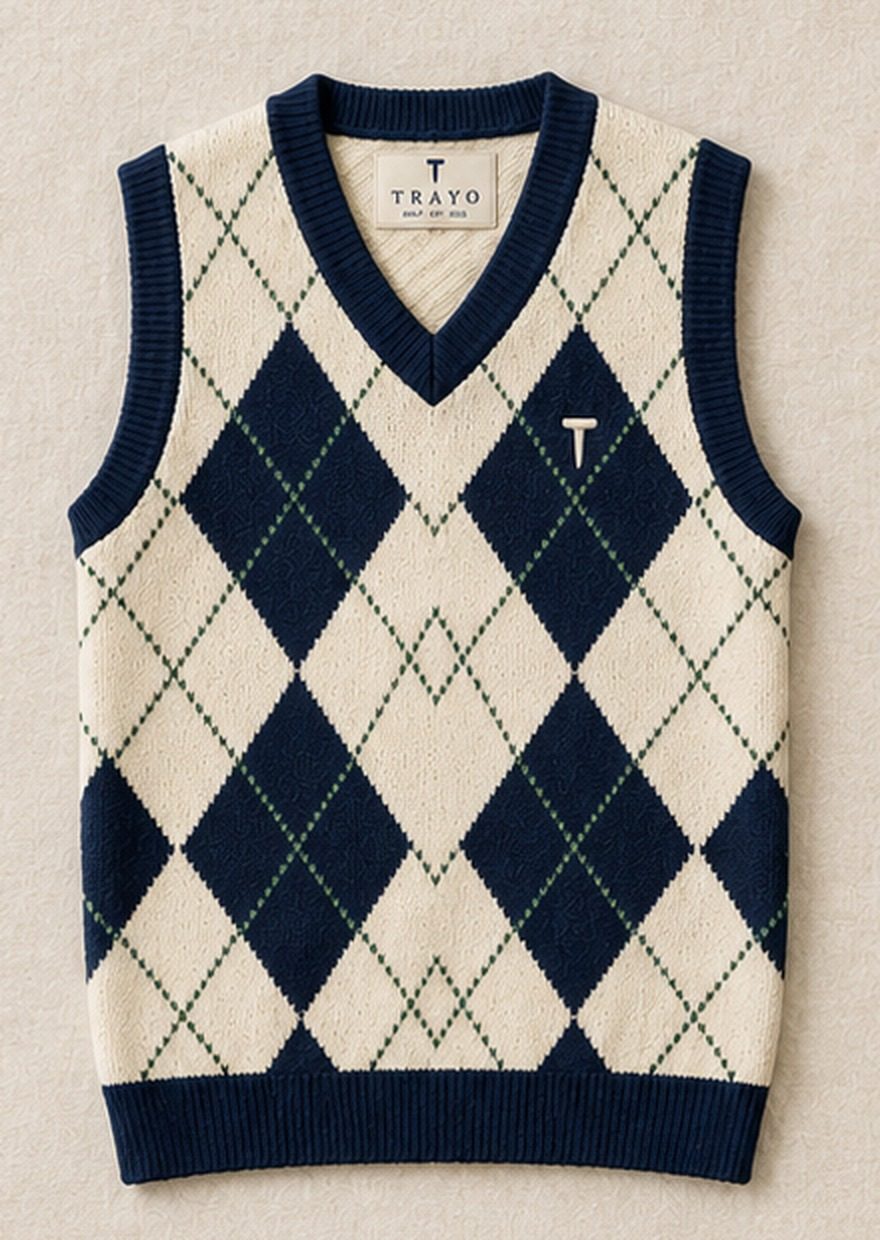 The Members' Argyle cream and navy argyle golf sweater vest