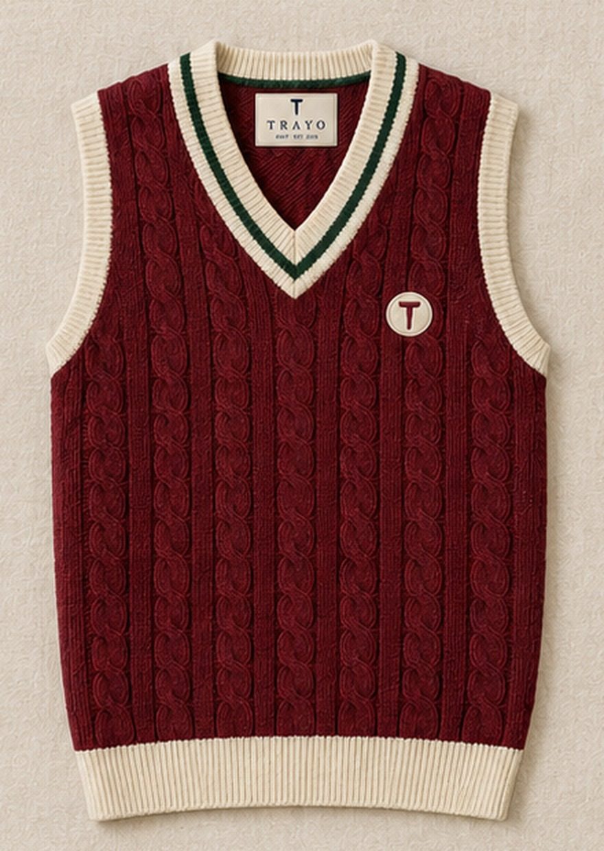 The Nineteenth Cable burgundy cable knit golf sweater vest with cream and green tipping